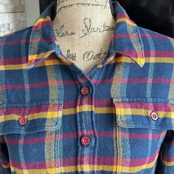 Patagonia Fjord worn wear organic cotton navy mustard burgundy flannel shirt - Picture 4 of 16